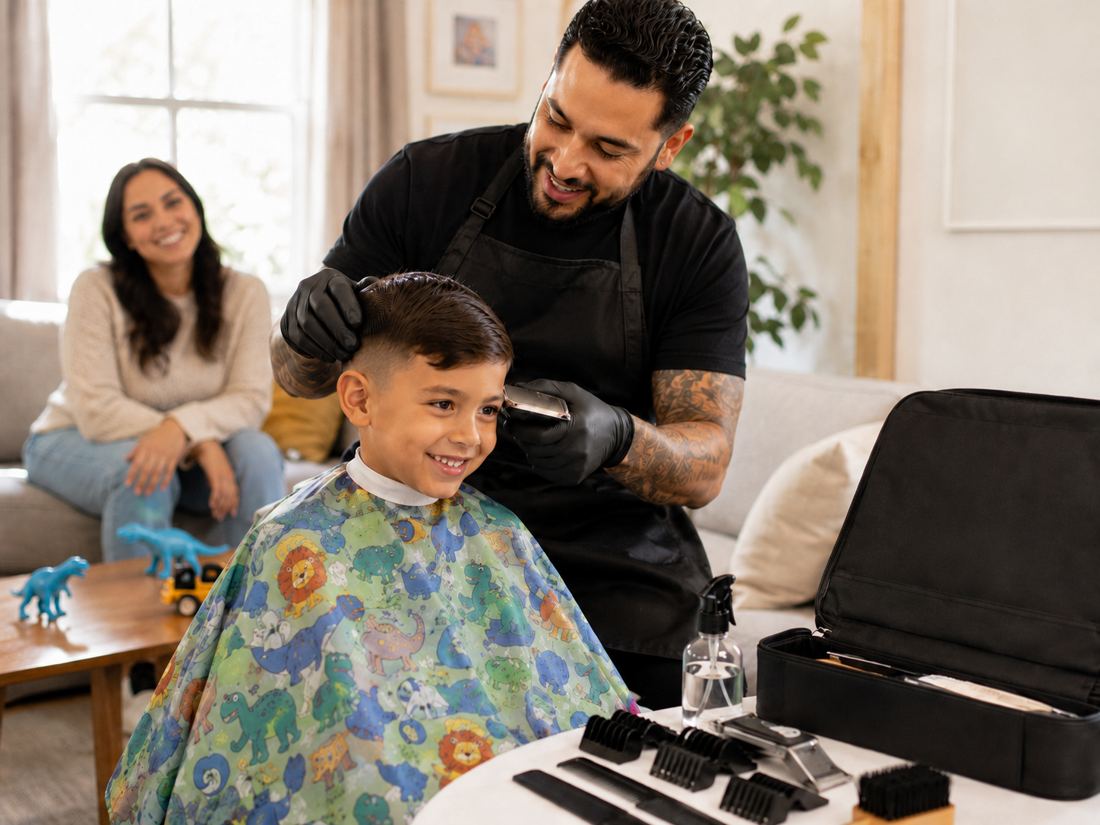 Mobile barber cutting a young boy's hair at home while his mom watches