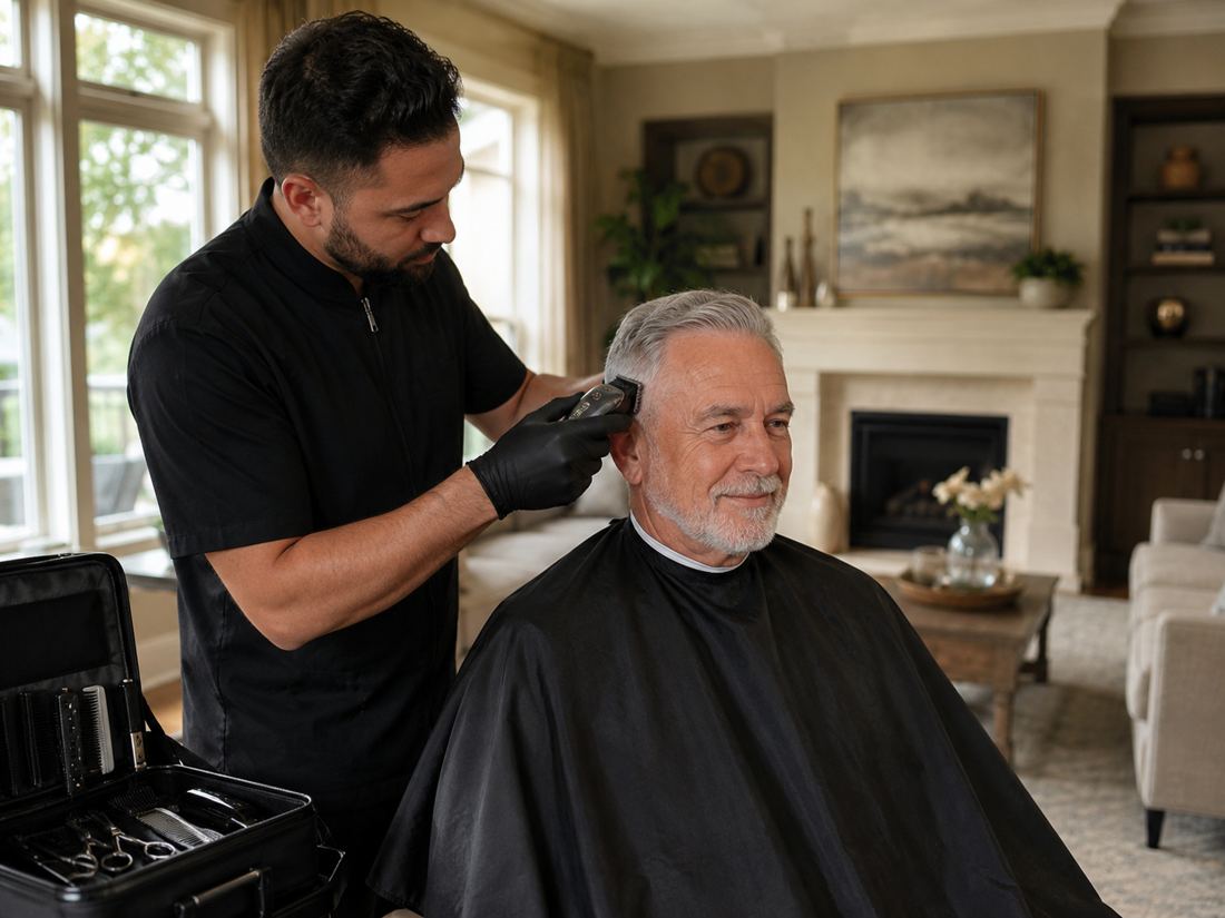 Barber giving a senior man a haircut in his living room